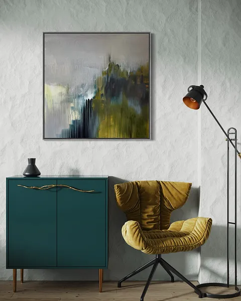 Image of After the rain  by Aliona Koroliova, size: 90x90, made of mixed media on canvas, ARTWORKS  medium, from Kyiv, part of the Where it is quiet  series, priced at €900 Photo 7 of 7.